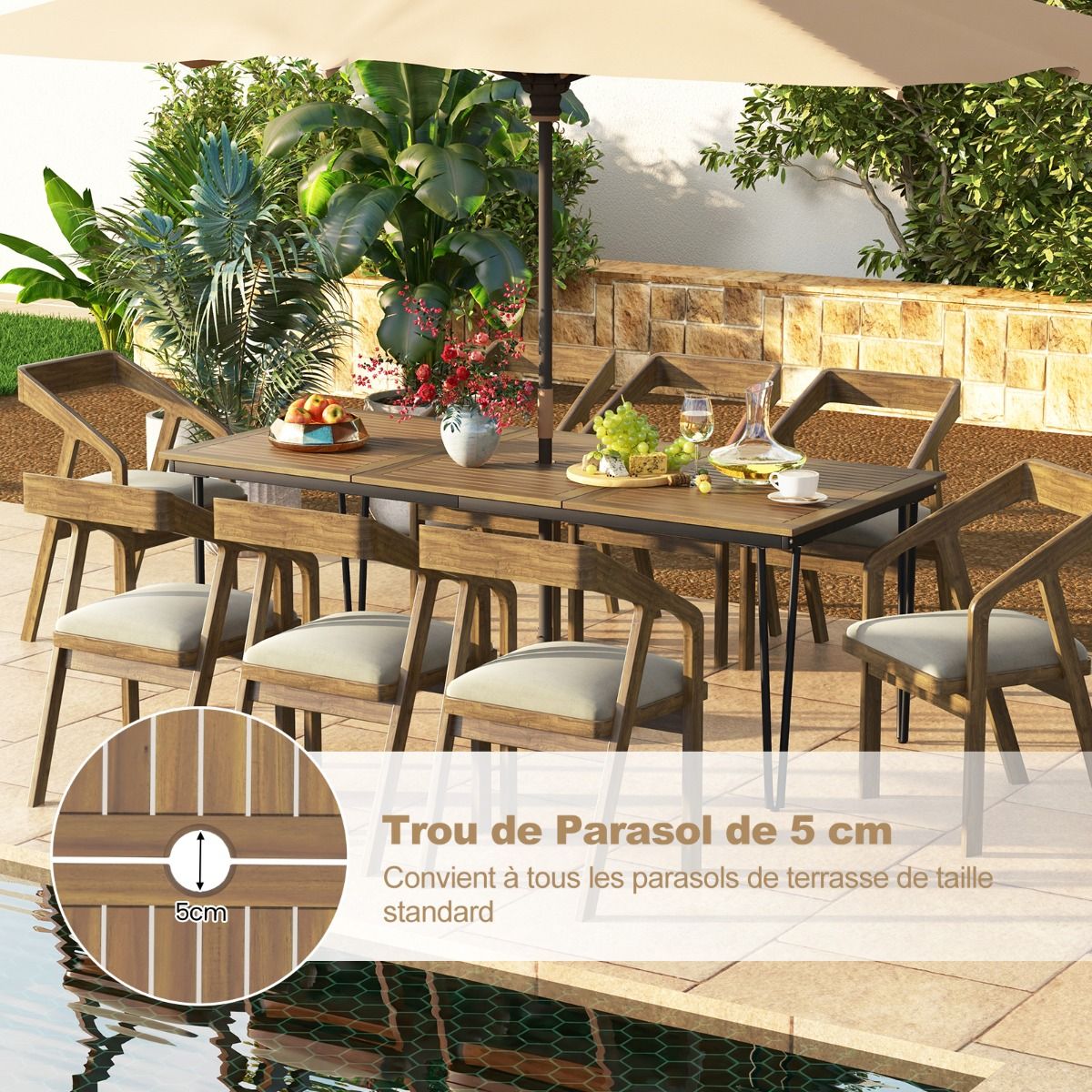Table pour Jardin de 200 Cm Table d'extérieur pour 8 Personnes avec Trou pour Parasol de 5 Cm Pieds en Métal et Repose-pied Réglables -