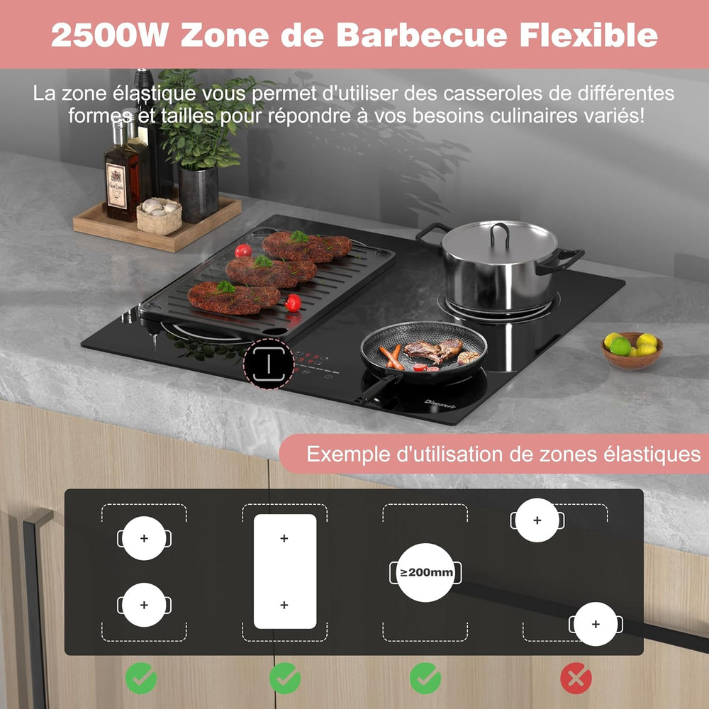 Plaque Induction 4 Feux Encastrable 6400W, Plaque de Cuisson Induction Zone Flexible, Plaque Electrique 60cm, Fonction Pause, 9 Niveaux, Controle tactile, Minuterie, Serrure pour Enfants