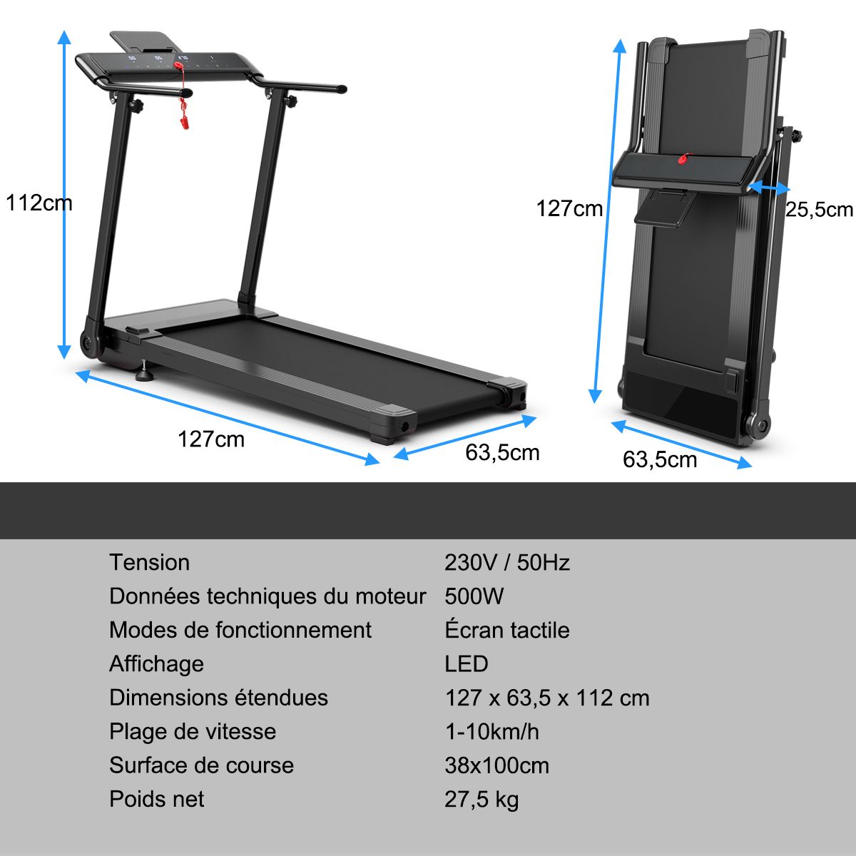 Tapis de Course/Marche Pliable 500W 12 Programmes Prdfinis 0,8-9,6 Km/h Ecran Tactile LED 4 Touches de Raccourci Noir Support pour Ipad -