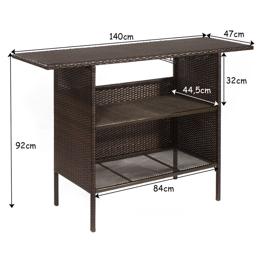 Table de Bar de Jardin en Résine Tressée avec 2 Etagères de Rangement 2 de Rails pour Porte-Verres Marron -