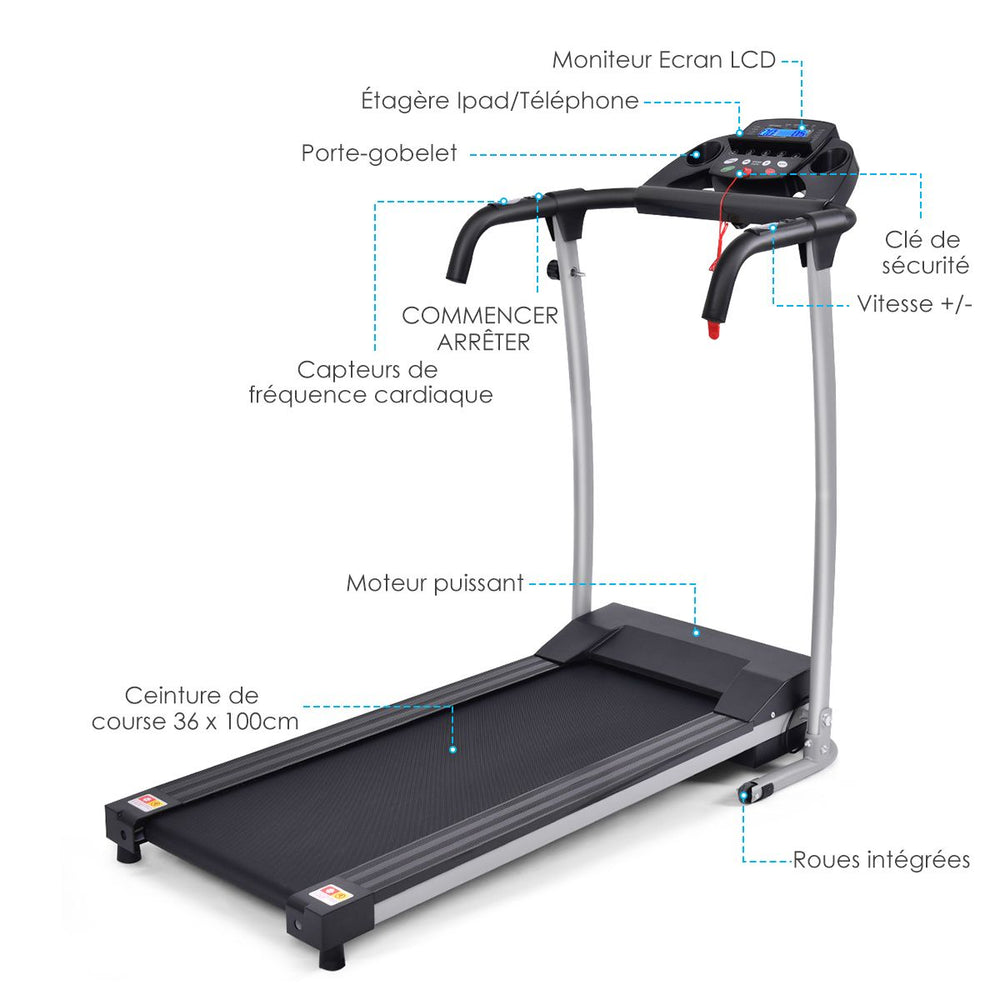 Tapis de Course Électrique Pliable avec Écran et Moniteur de Fréquence Cardiaque avec Vitesse de 1 à 10 km/h et 12 Programmes Noir -