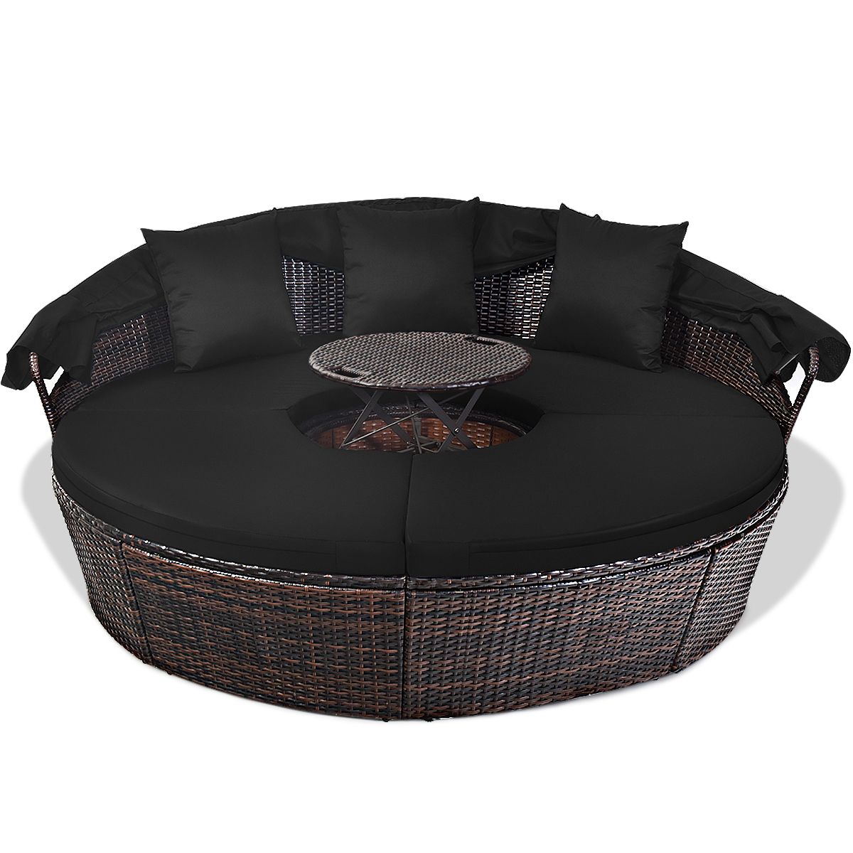 Lit de Jardin Rond d'Exterieur Table Relevable Modulable & Convertible - Pare Soleil Réglable rotin PE Coussins Inclus Noir -