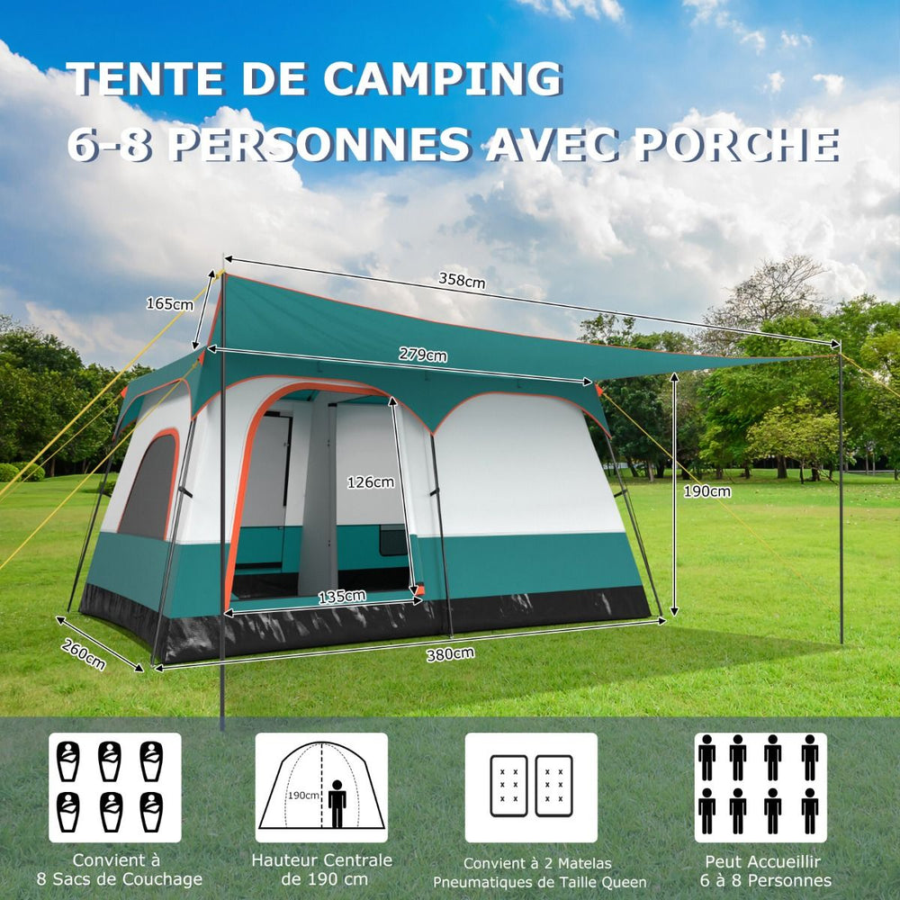 Tente de Camping pour 6/8/10 Personnes avec Auvent Grande Tente Familiale avec 2 Chambres 2 Portes 2 Fenêtres en Maille Vert -