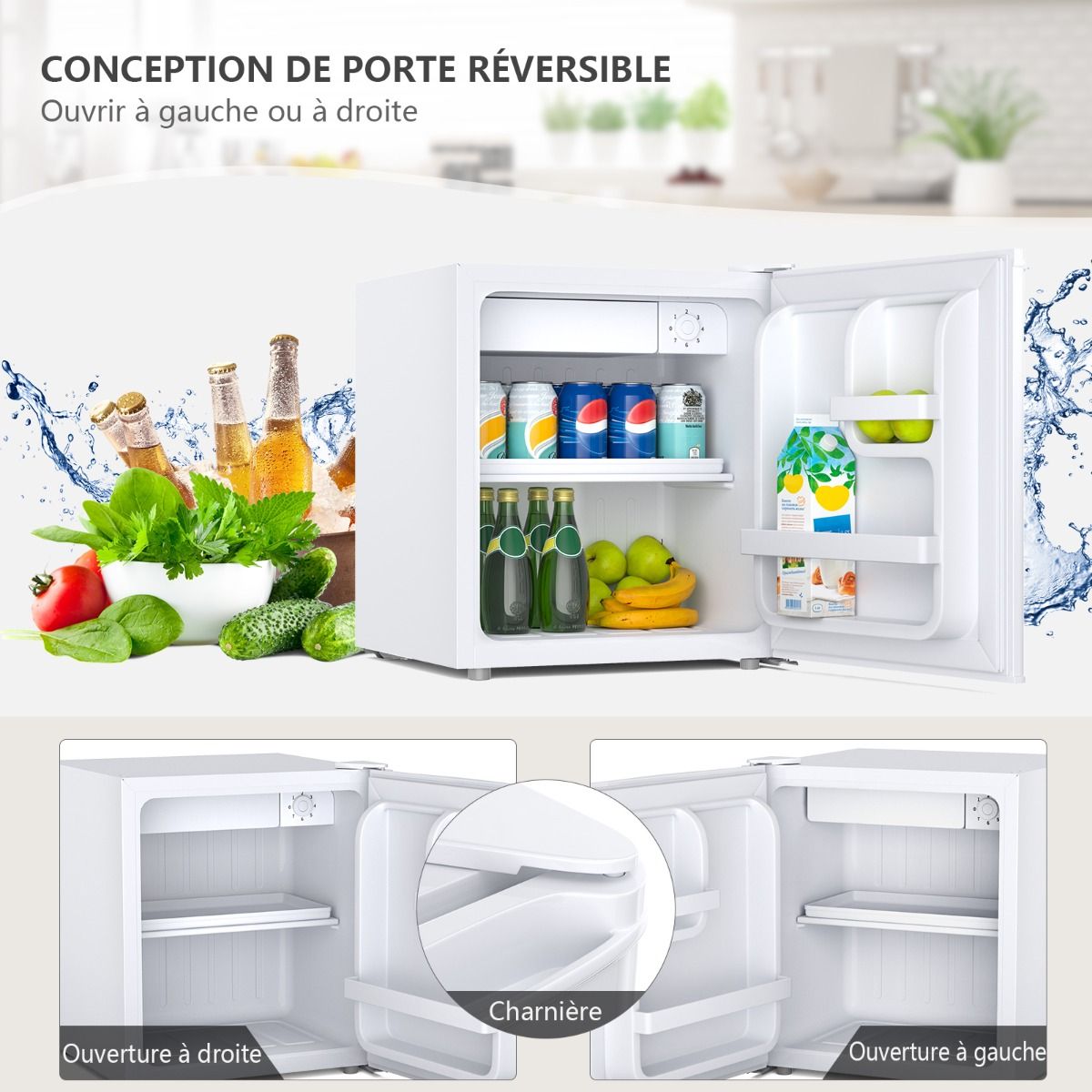 Mini Rfrigrateur 48L,2 niveaux et porte-bouteille,bac  lgumes,Silencieux 230V,46 x 44 x 49 cm,Blanc -