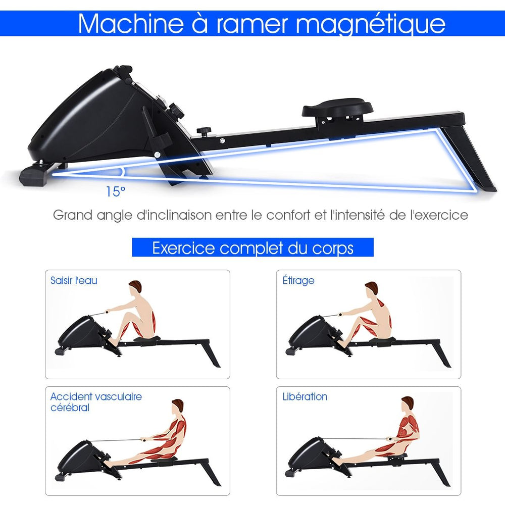 Rameur d'Appartement Pliable à Résistance 10 Niveaux Ecran Lcd Capacité 120kg Musculation Des Bras Cardio-Training Noir -