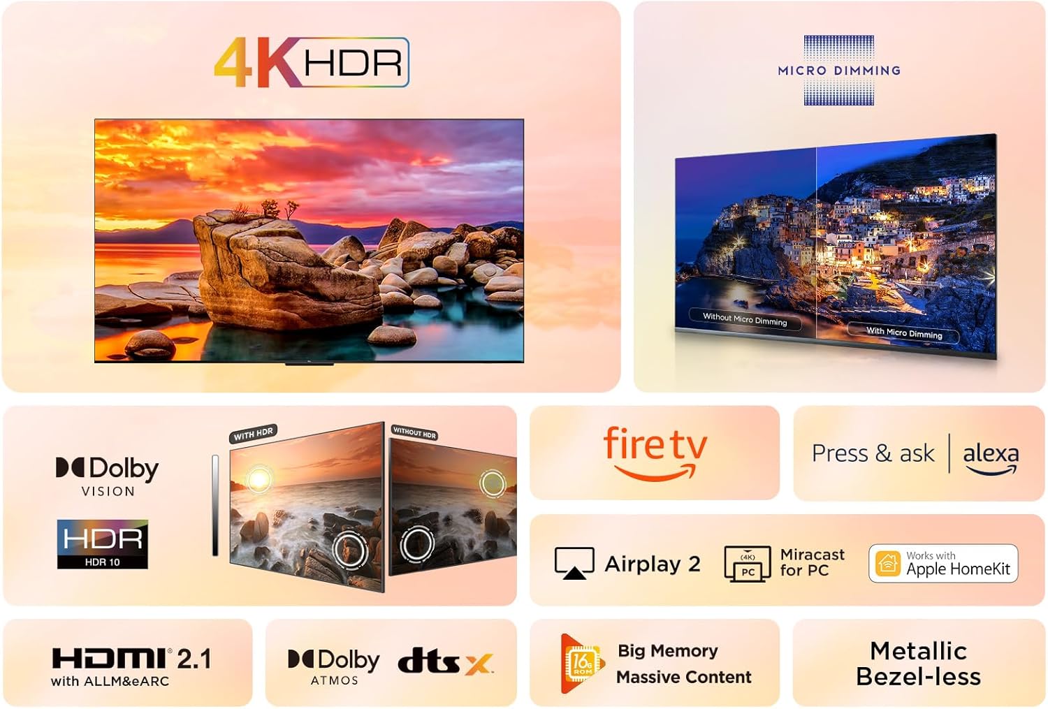 TCL 50PF650 50 Pouces 4K Ultra HD, HDR TV, Smart LED Fire TV (Dolby Vision, Dolby Atmos, DTS, HDR 10, Alexa intégré, Airplay2, Miracast)