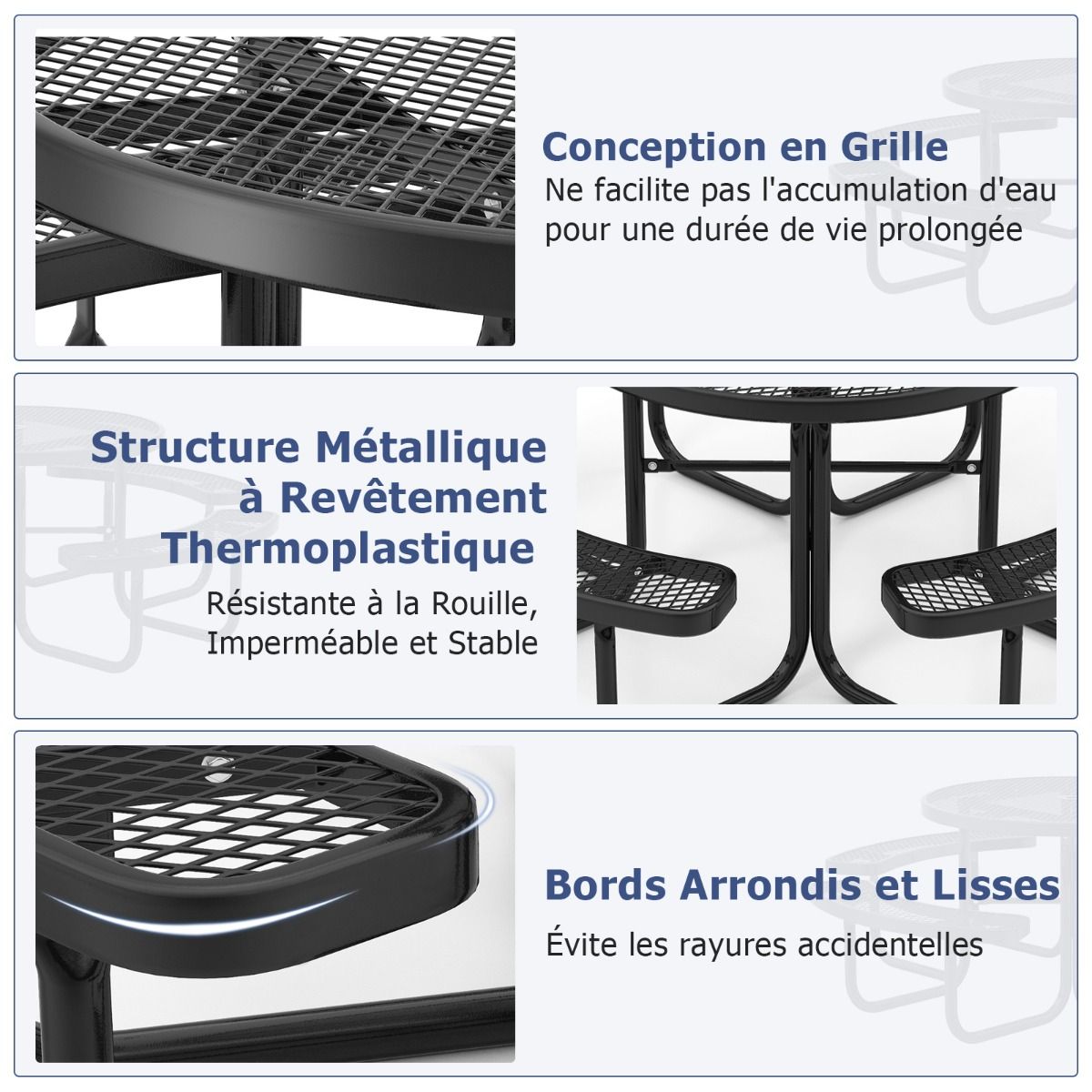 Table de Pique-Nique Ronde avec 4 Bancs Intégrés pour 8 Personnes Table de Camping en Métal avec Sièges et Trou pour Parasol 202x75cm Noir -