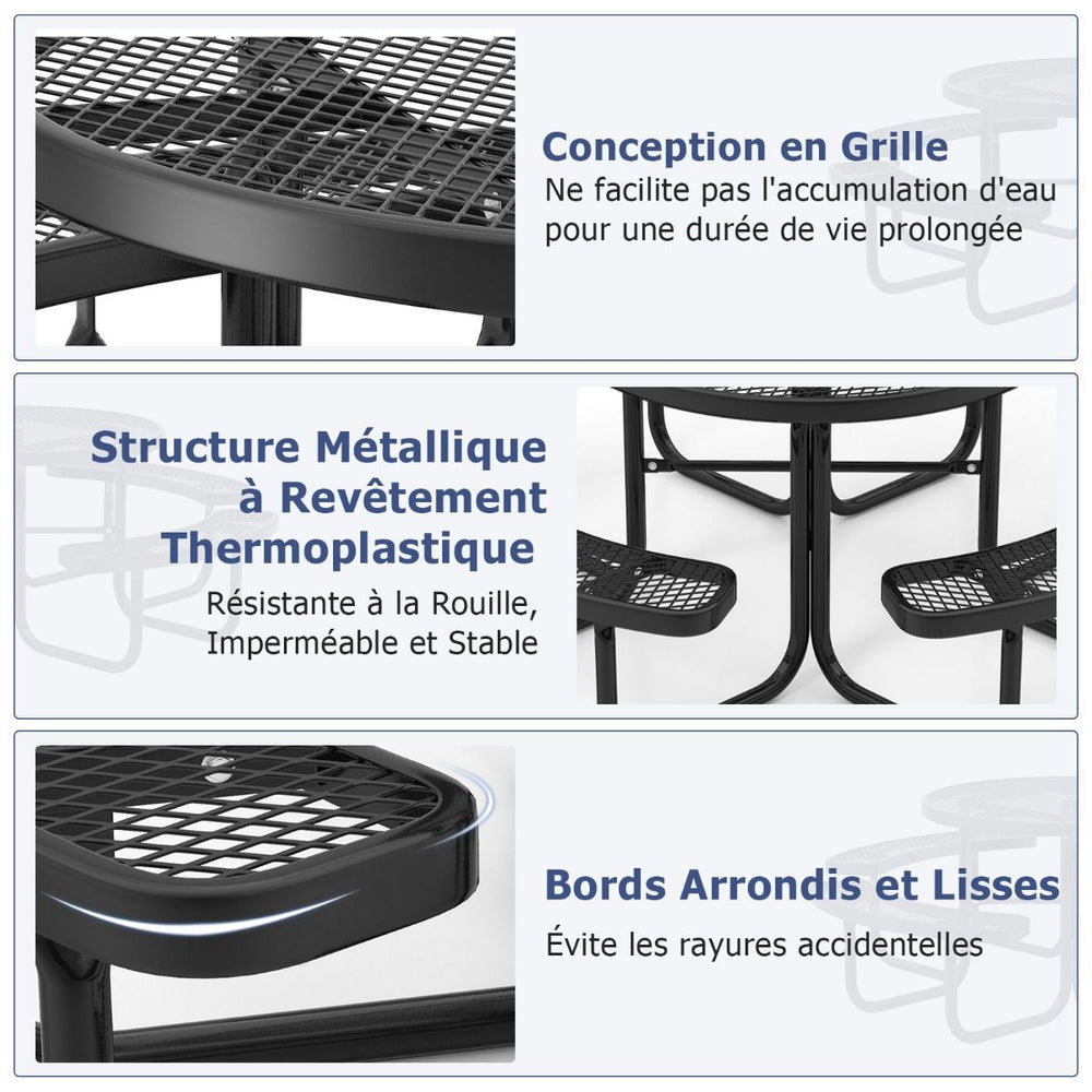 Table de Pique-Nique Ronde avec 4 Bancs Intégrés pour 8 Personnes Table de Camping en Métal avec Sièges et Trou pour Parasol 202x75cm Noir -