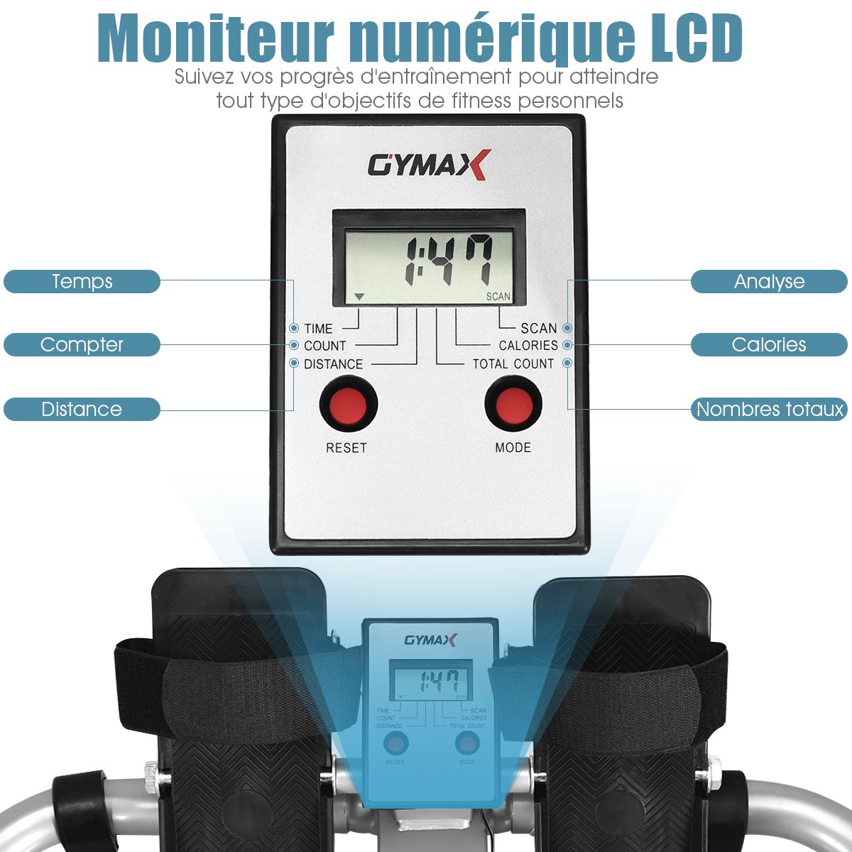 Rameur de Fitness Rsistance Hydraulique Rglable 50kg Affichage LCD Pdale Antidrapante Charge de 100 kg Argent -