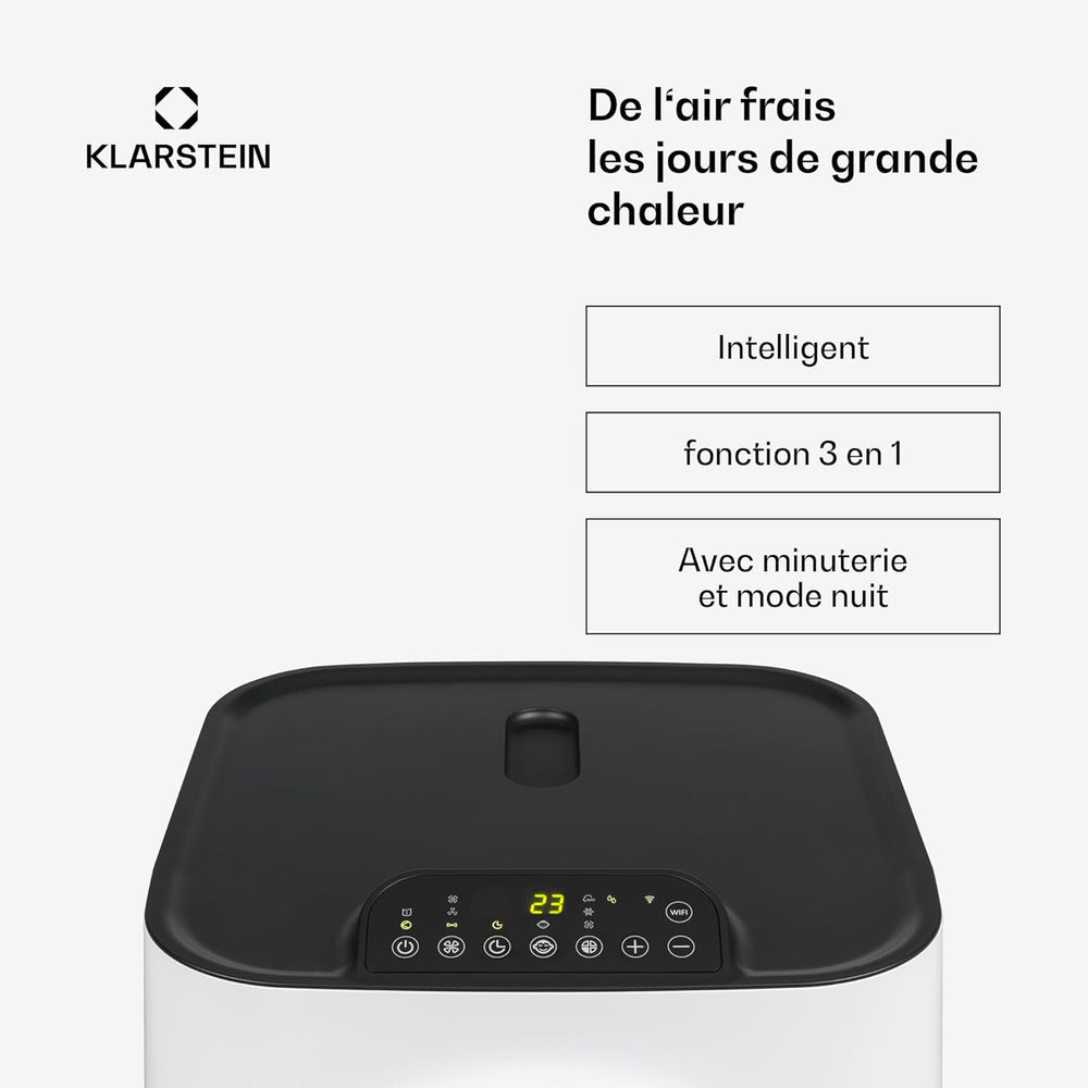 Klarstein Climatiseur Mobile Silencieux, Climatiseur Portable 5 en 1, Mini Climatiseur, Purificateur et Elimination des Odeurs, Mode Nuit, Déshumidificateur d'Air, Faible Conso, 10K BTU, Climatiseurs
