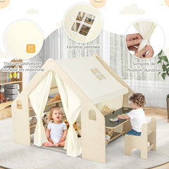 Tente de Jeu d'Intérieur en Bois pour Enfants 6 en 1 Tableau Noir Table Chaise 6 Bacs de Rangement Coussin de Sol Maison de Jeu pour 2-6 ans Beige -