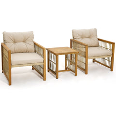 Salon de Jardin avec 1 Table et 2 Fauteuils en Bois d'Acacia et Rotin Anti-UV Pieds Rglables Coussins avec Zip Nautel -