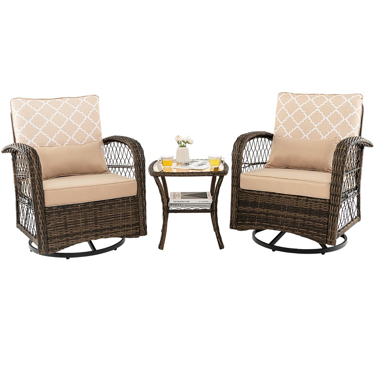 Salon de Jardin Extérieur 3PCS - 2 en Fauteuils à Bascule Pivotant à 360°Rotin PE Cadre Métal our Terrasse Balcon -