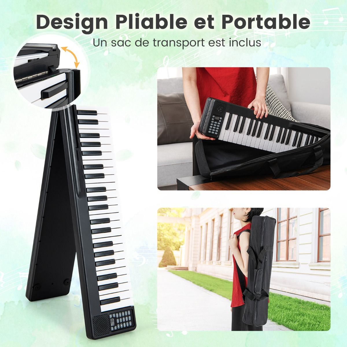 Piano Numrique Pliable  88 Touches avec Fonction Bluetooth MIDI Clavier lectronique Portable avec Pdale de Sustain Sac de Transport -