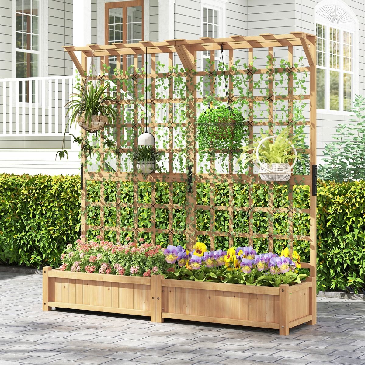 Jardinière avec 2 Treillis 2 Bacs Toit Suspendu en Bois Lit de Jardin Surélevé avec 4 Trous de Drainage 180 x 48 x 183 cm Orange -