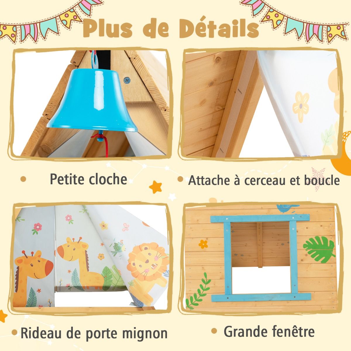 Maison de Jardin Enfants 2 en 1 avec Escalade Cloche Impermable Cabane en Bois de Sapin Exterieur et Intrieur 3-8 Ans -