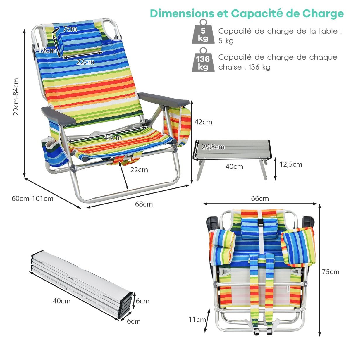 Lot de 2 Chaises de Camping Plage Pliante Table Enroulable en Aluminium Appui-tête Dossier Réglable à 5 Positions 6 Couleurs au Choix -