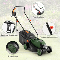 Tondeuse à Gazon Électrique Filaire 1500 W 4015 TR/Min Boîte de Collecte 35 L 3 Hauteur Réglables 25-65 MM Largeur de Coupe 34 CM Vert -