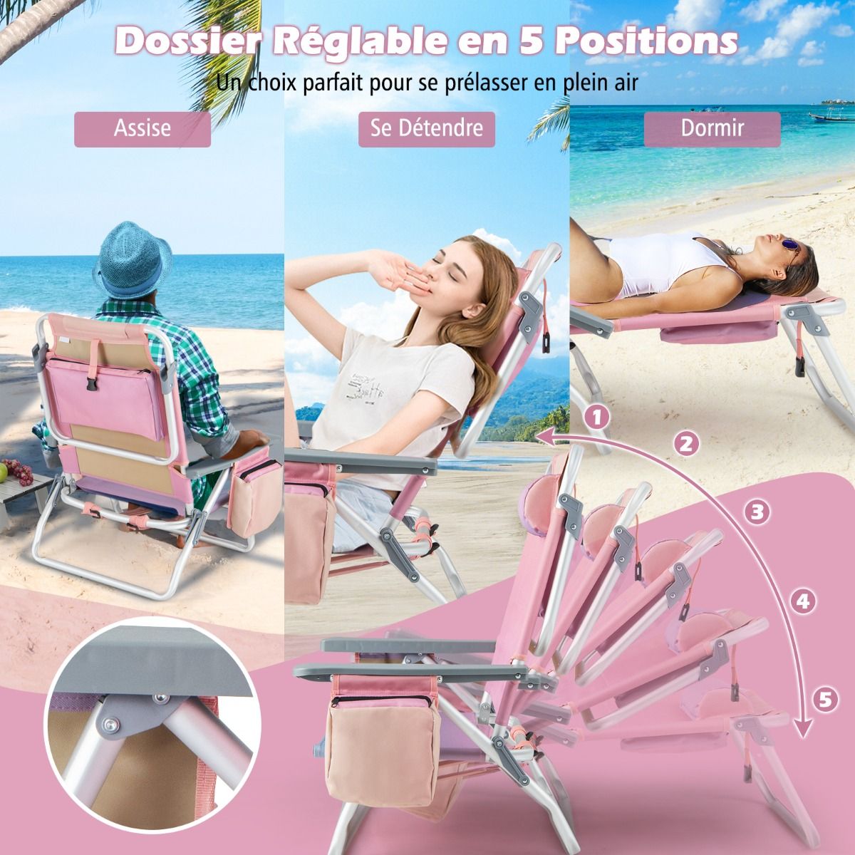 Lot de 2 Chaises de Camping Plage Pliante Table Enroulable en Aluminium Appui-tête Dossier Réglable à 5 Positions 6 Couleurs au Choix -