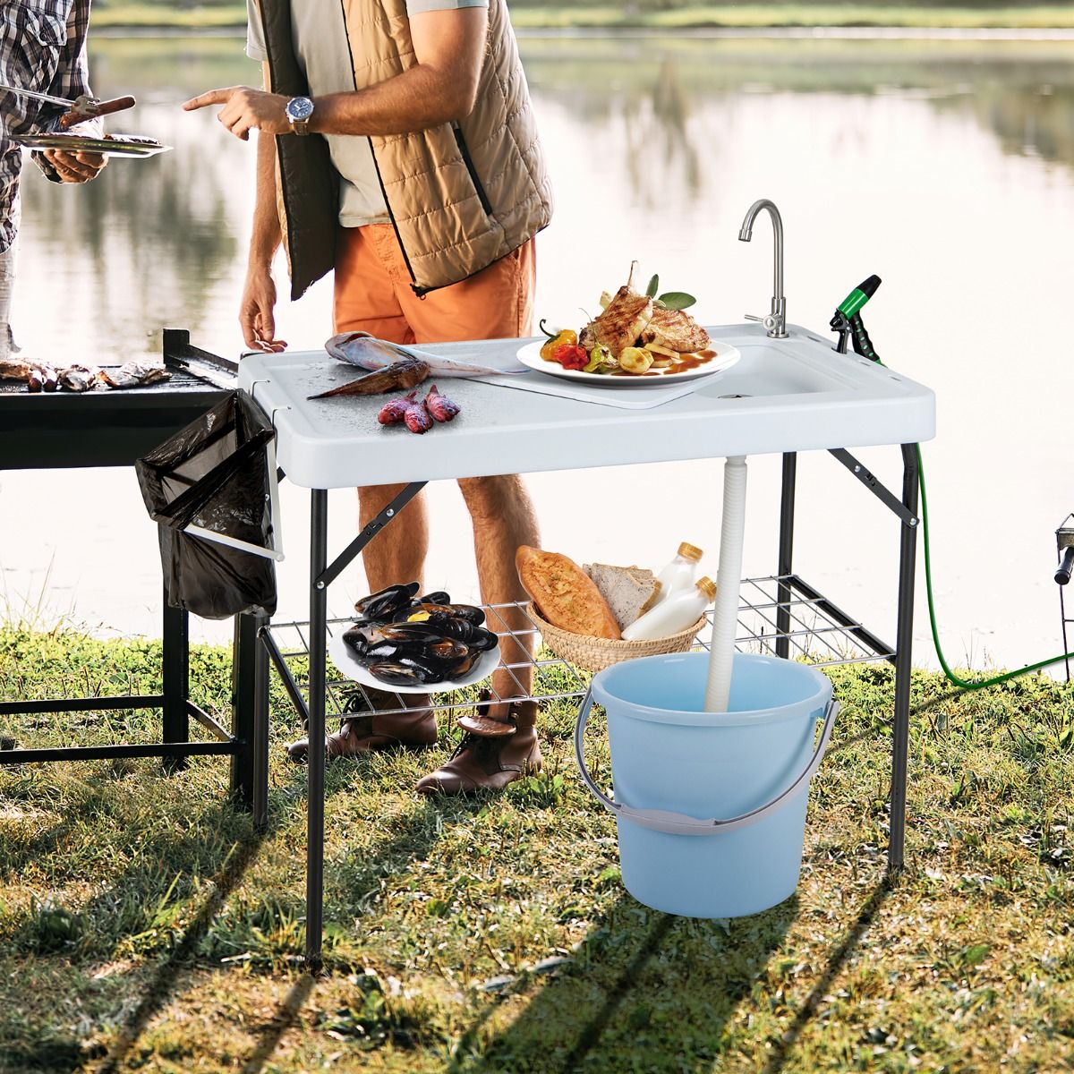 Table de Pêche Pliante avec Robinet Rotatif 360° Table Camping Portable pour Nettoyage Poisson en Acier&HDPE avec Évier et Support de Grille Charge 150KG -