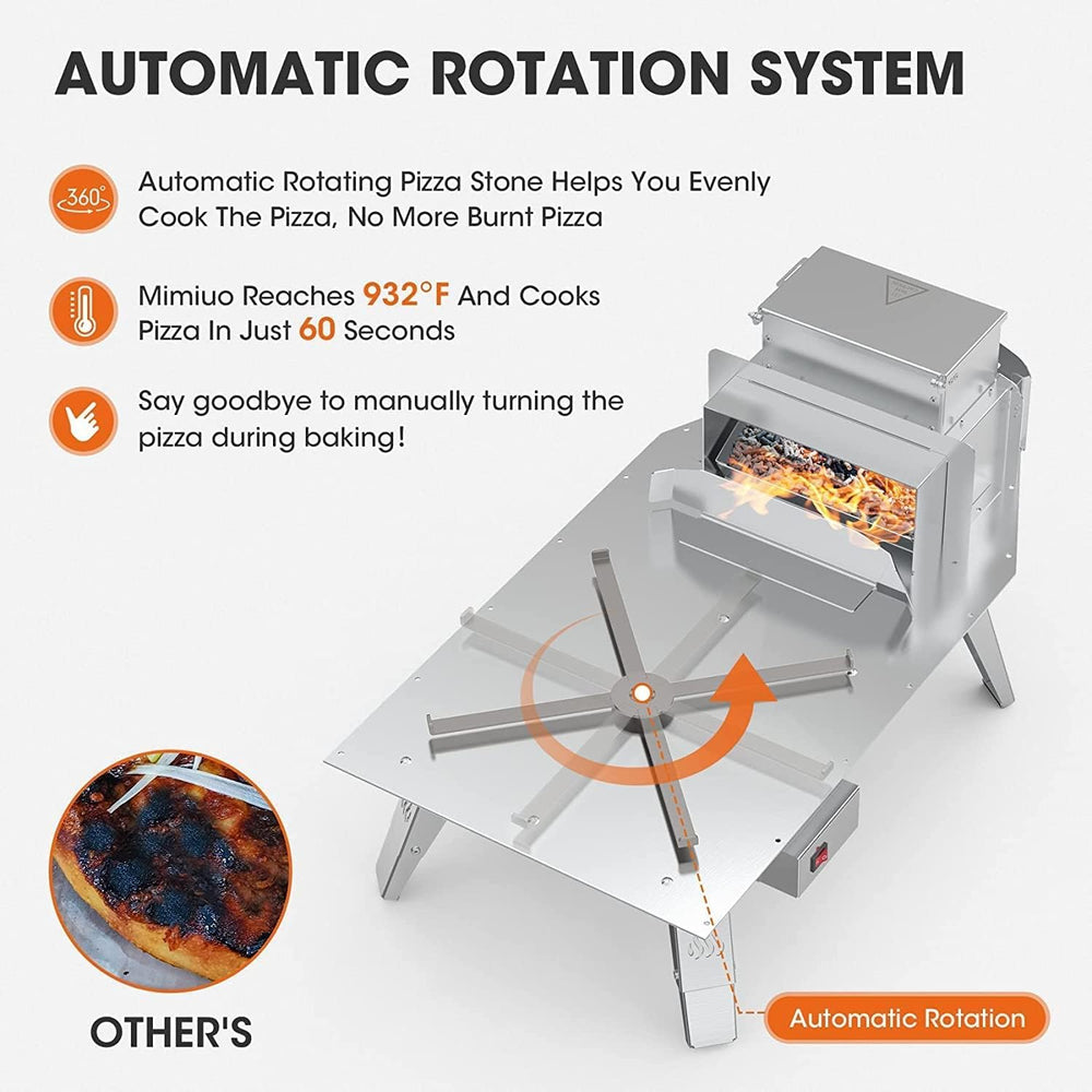 Mimiuo Four à Pizza Noir au Charbon de Bois pellets, Four à Bois Premium pour Jardin avec système de Rotation Automatique, avec Pelle et Pierre à Pizza (Tisserie W-Oven Series)