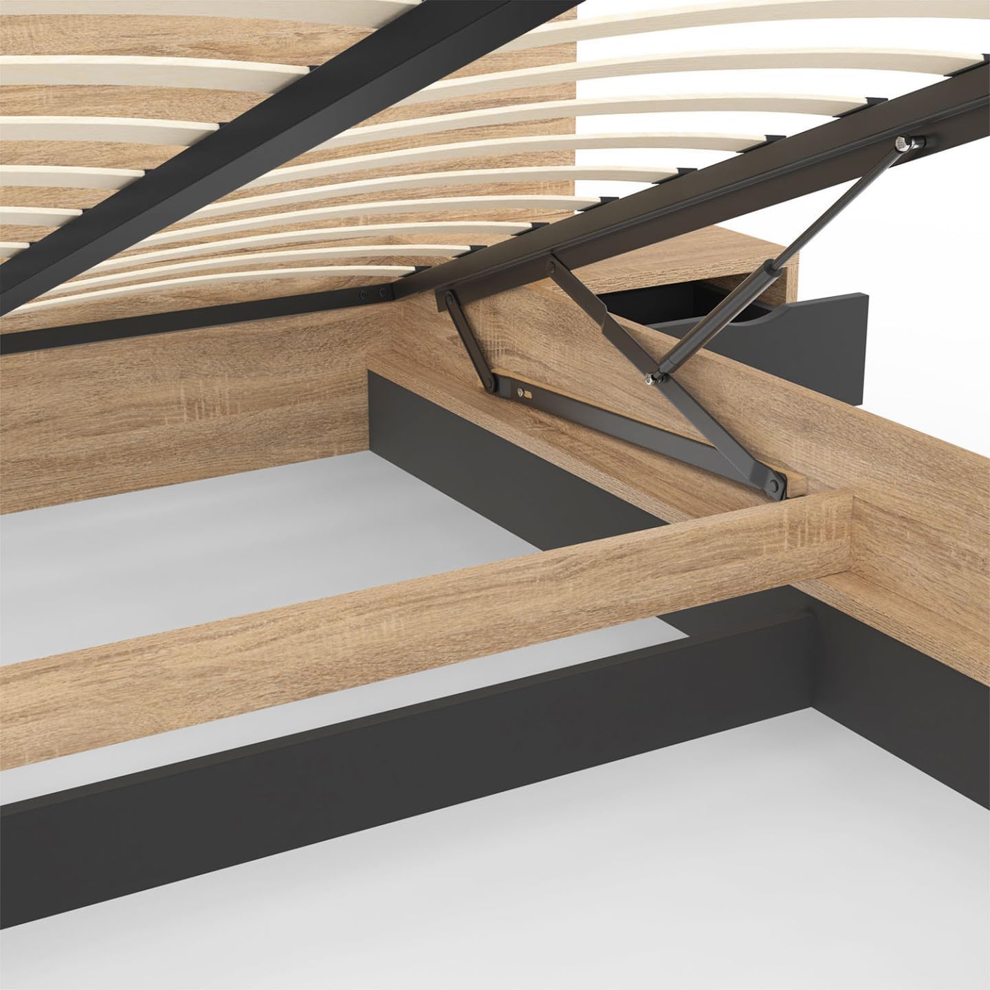 IDMarket - Lit Coffre Santa avec Tables de chevets intégrées et sommier 140x190cm Couleur Bois et Noir