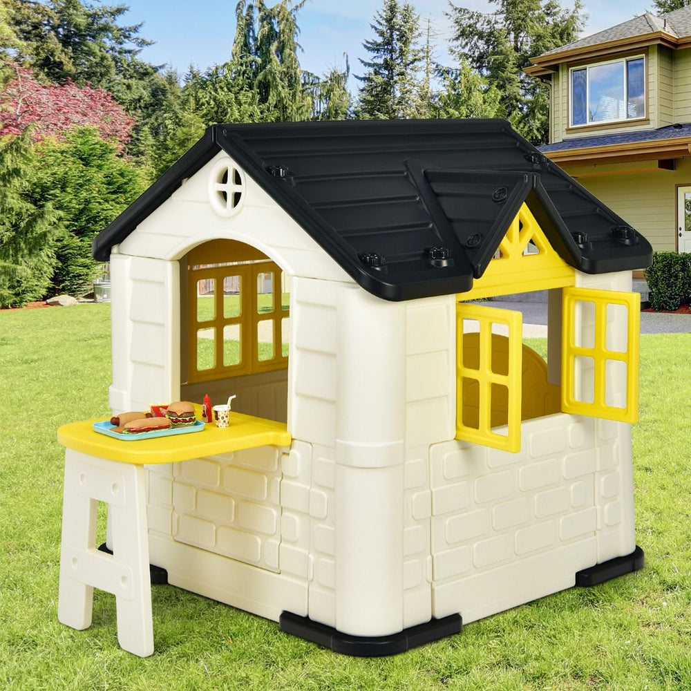 Maison Chef House -Thme Burger Bar - Table de Pique Nique Cabane de Jardin Anti-UV en Plastique 164x124x132 cm Bleu/Rose/Jaune -