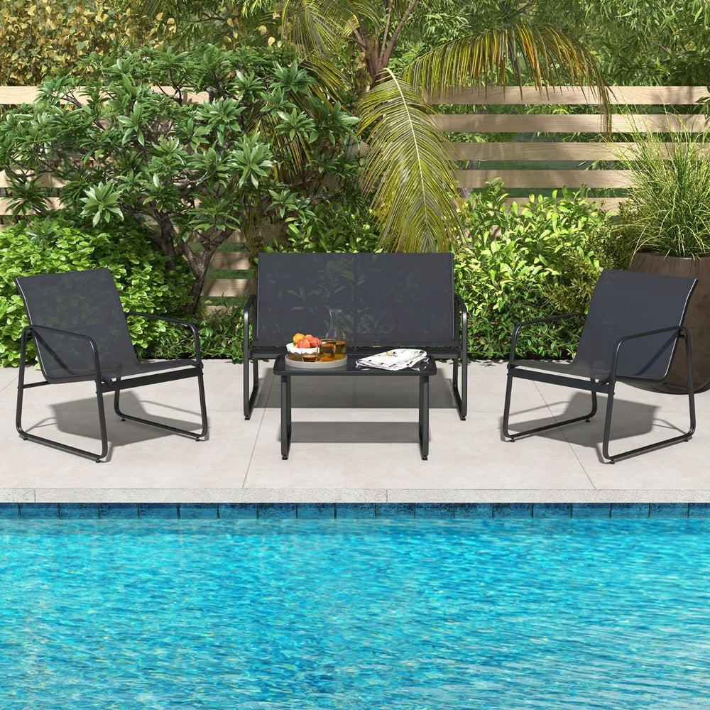 Salon de Jardin 4 Pices avec 2 Chaises Table en Verre Tremp et Causeuse Meuble Extrieur en Tissu Respirant Cadre Mtallique Noir -