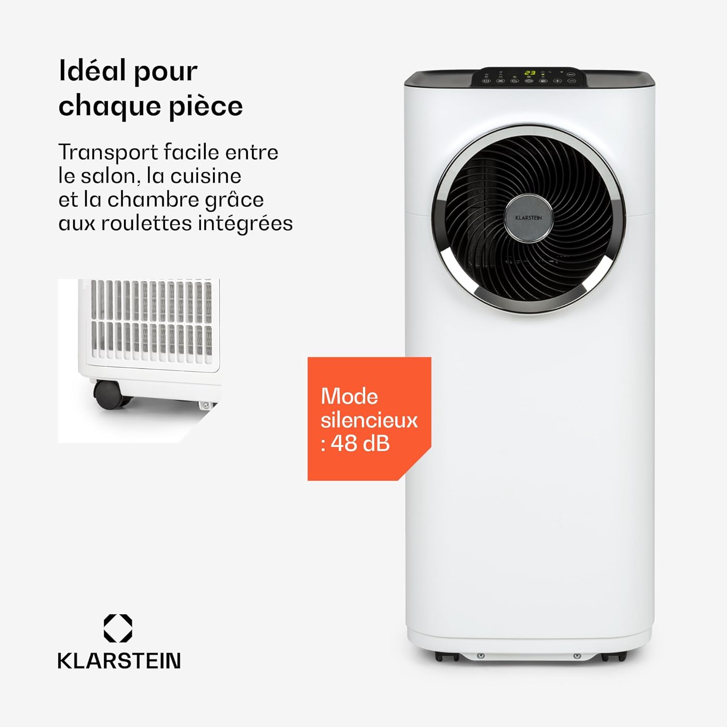 Klarstein Climatiseur Mobile Silencieux, Climatiseur Portable 5 en 1, Mini Climatiseur, Purificateur et Elimination des Odeurs, Mode Nuit, Déshumidificateur d'Air, Faible Conso, 10K BTU, Climatiseurs