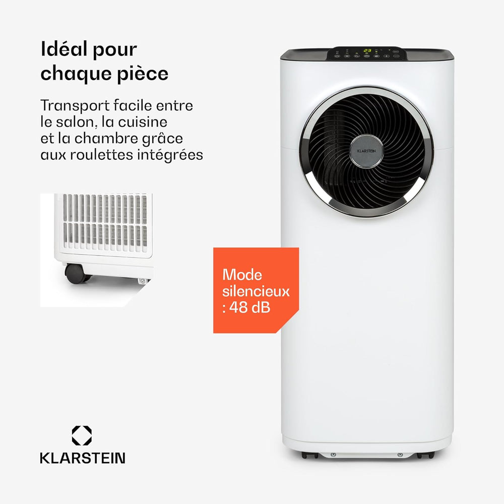 Klarstein Climatiseur Mobile Silencieux, Climatiseur Portable 5 en 1, Mini Climatiseur, Purificateur et Elimination des Odeurs, Mode Nuit, Déshumidificateur d'Air, Faible Conso, 10K BTU, Climatiseurs