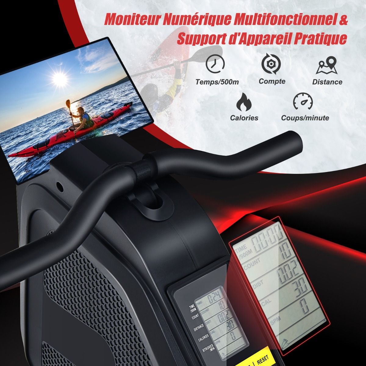 Rameur Magnétique Résistanceà 8 Niveaux Pliable 2 Roues Flexibles Rail Coulissant en Aluminium Ecran LCD Support d'Appareil -