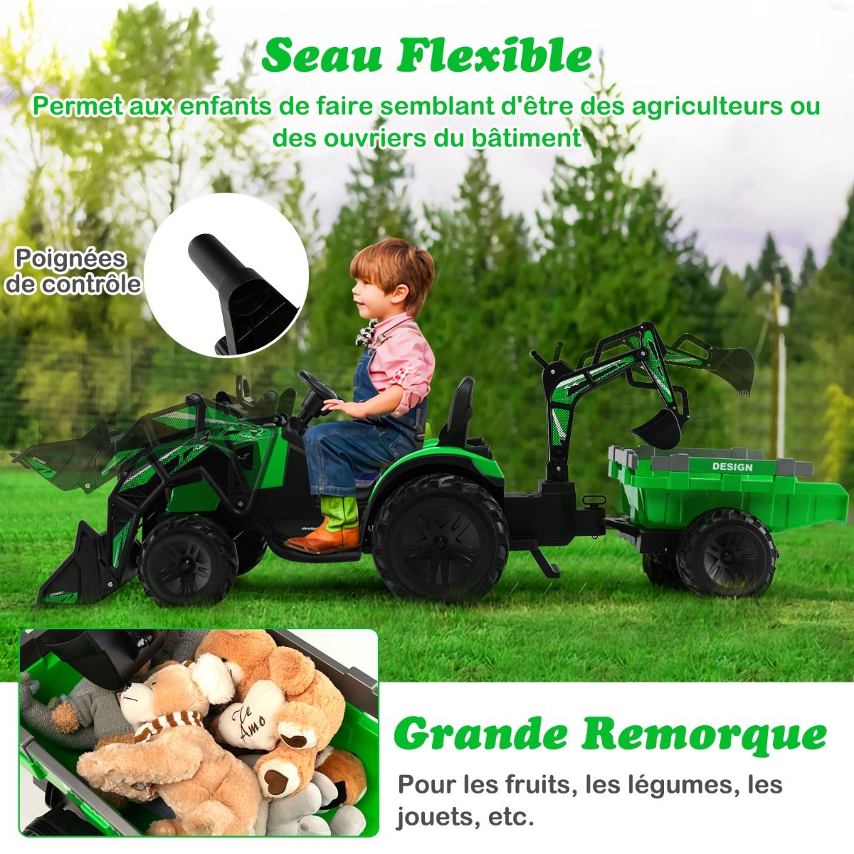 Tracteur Electrique 12 V pour Enfants 3-5 km/h Télécommande MP3 USB Vert/Jaune -