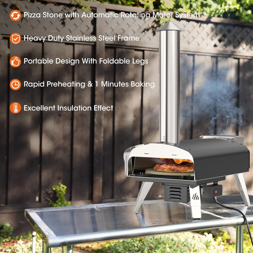 Mimiuo Four à Pizza Noir au Charbon de Bois pellets, Four à Bois Premium pour Jardin avec système de Rotation Automatique, avec Pelle et Pierre à Pizza (Tisserie W-Oven Series)