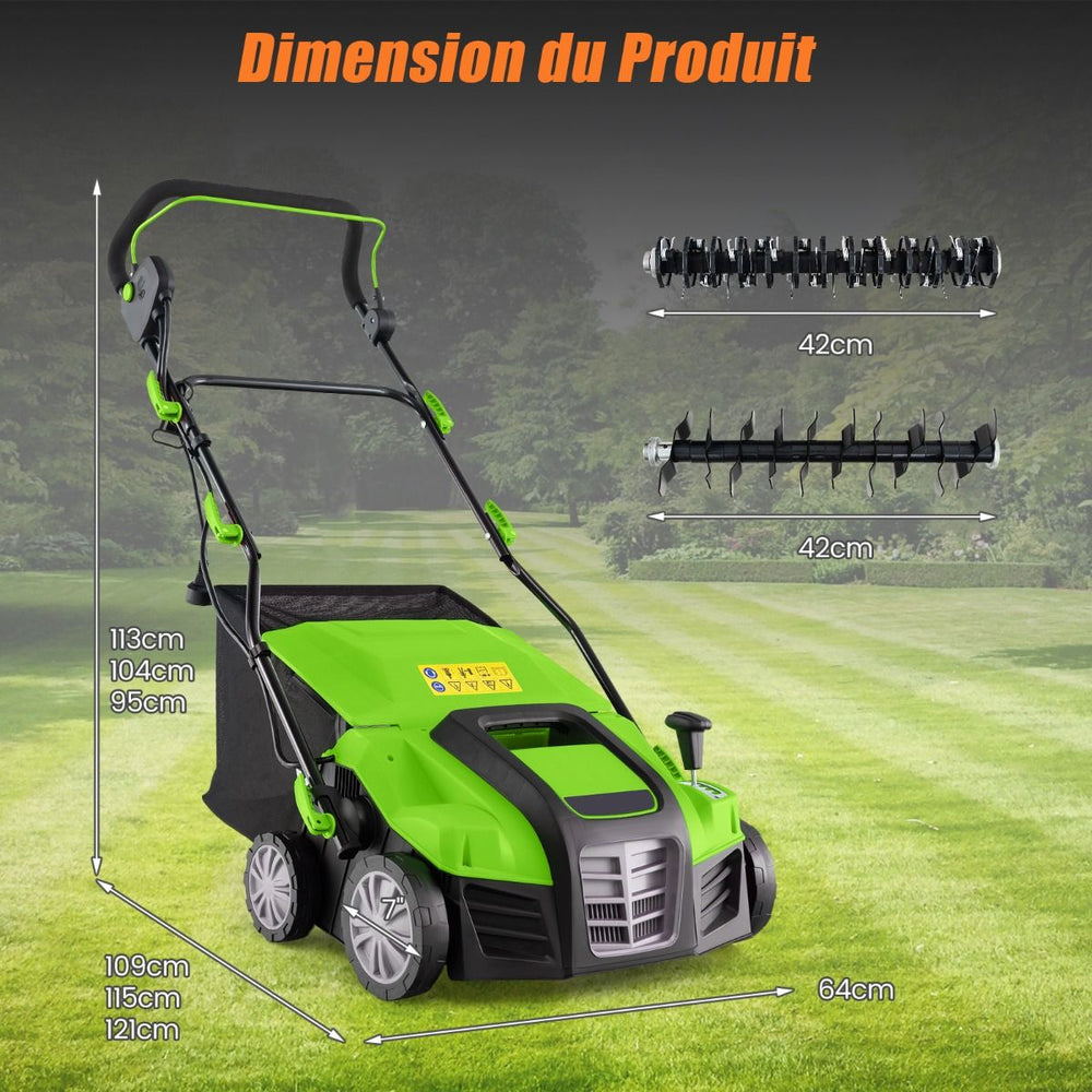 Scarificateur Électrique 2 en 1 de 15A avec Double Interrupteur de Sécurité Réglable Sac de Ramassage 55 L Scarificateur Orange/Vert -
