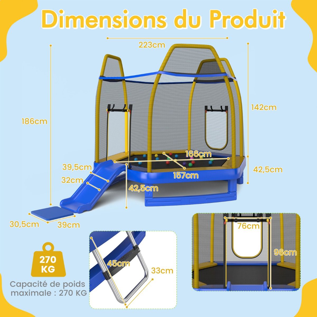 Trampoline Extérieur Ø 223cm avec Toboggan&Echelle avec Filet de Sécurité 2 Portes en U Charge 270kg pour 2-3 Enfants de 3 Ans+ Bleu/Vert -