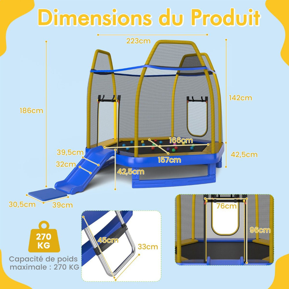 Trampoline Extérieur Ø 223cm avec Toboggan&Echelle avec Filet de Sécurité 2 Portes en U Charge 270kg pour 2-3 Enfants de 3 Ans+ Bleu/Vert -