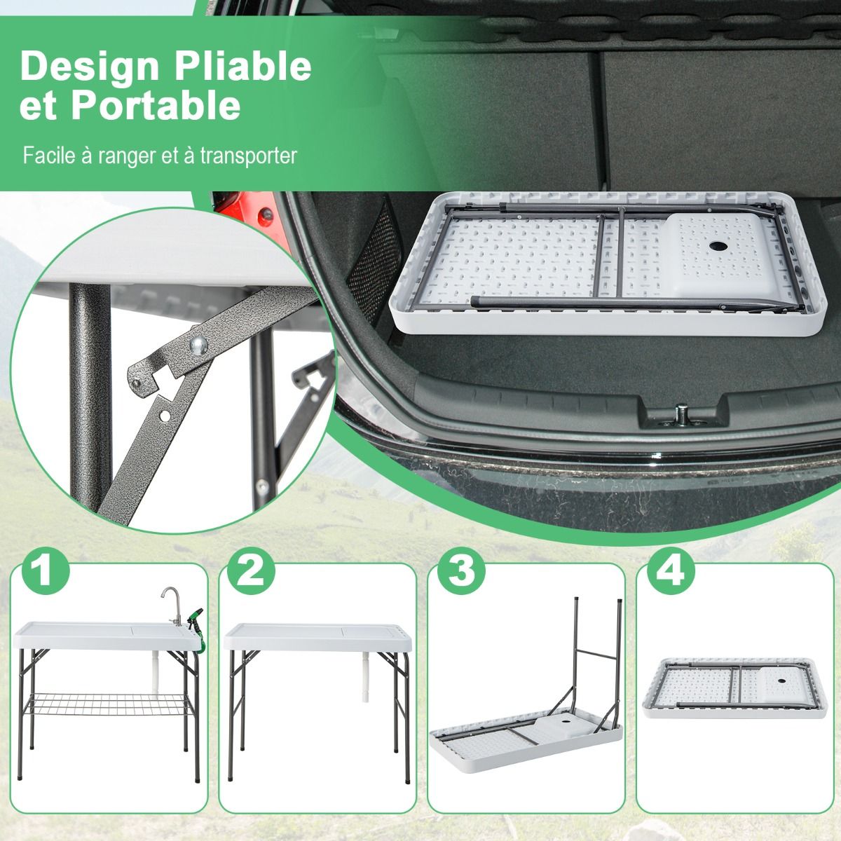 Table de Pêche Pliante avec Robinet Rotatif 360° Table Camping Portable pour Nettoyage Poisson en Acier&HDPE avec Évier et Support de Grille Charge 150KG -