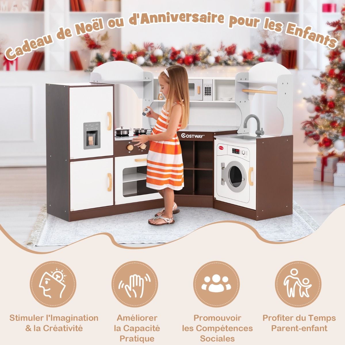 Jeu de Cuisine d'Angle pour Enfants de 3 Ans et Plus en Bois Machine à Glaçons Porte-serviettes Accessoires Effets Sonores et Lumineux -