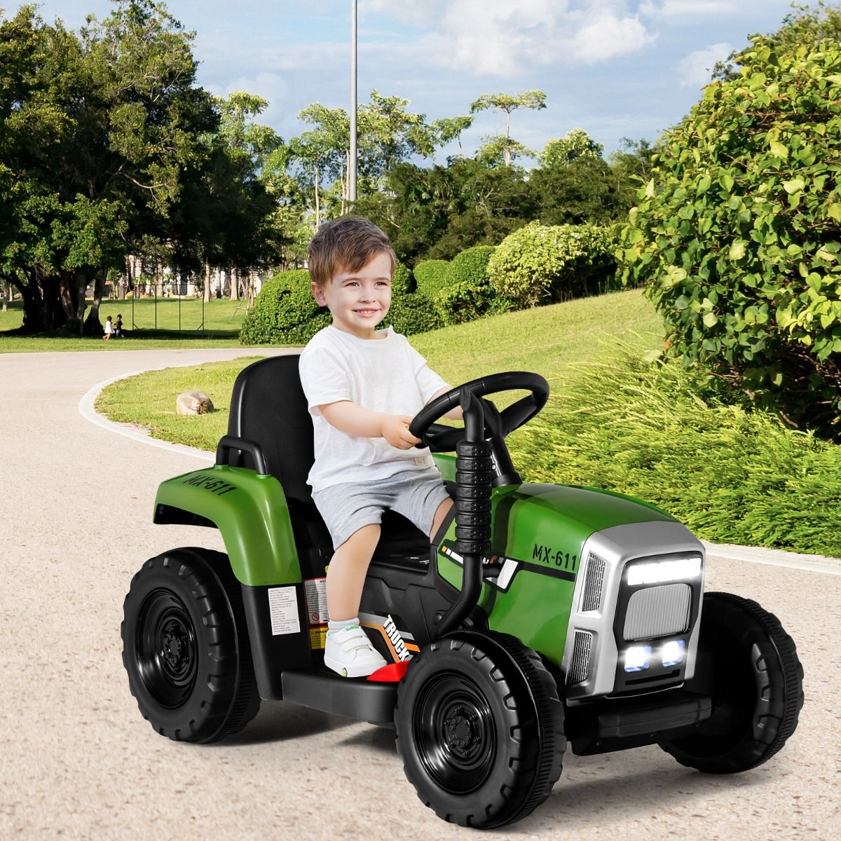 Tracteur Electrique avec Remorque pour Enfants 3 Vitesses Lumières LED Fonctions o USB et Bluetooth Jaune/Rose/Rouge/Vert/Vert Foncé/Noir -