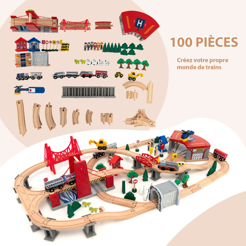 Table Circuit Train en Bois 100 Accessoires avec Tiroir de Rangement Jouet Educative pour Enfants 3 Ans + -