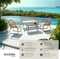 TecTake® Salon de Jardin Extérieur en Poly Rotin 4 Personnes Ensemble Canapé 2 Places 2 Fauteuil Salon et Table de Jardin, Coussins Amovibles Inclus, Amenagement Balcon Terrasse Veranda