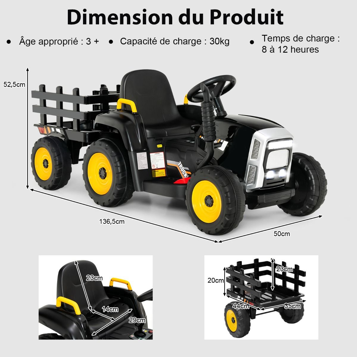 Tracteur Electrique avec Remorque pour Enfants 3 Vitesses Lumières LED Fonctions o USB et Bluetooth Jaune/Rose/Rouge/Vert/Vert Foncé/Noir -
