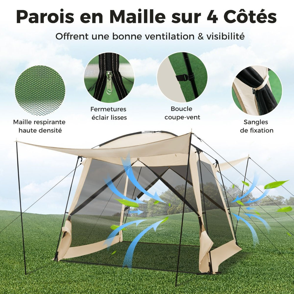 Tente de Camping pour 8-10 Personnes Tente D么me avec Vestibule et Moustiquaire Porte Zippe Tente Portable avec Sac de Transport 300x300x250cm Beige -