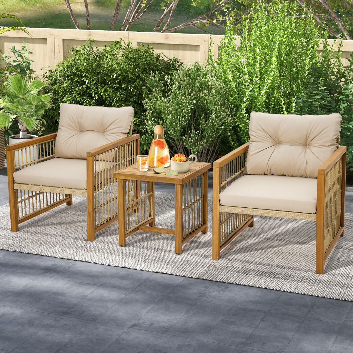Salon de Jardin avec 1 Table et 2 Fauteuils en Bois d'Acacia et Rotin Anti-UV Pieds Rglables Coussins avec Zip Nautel -