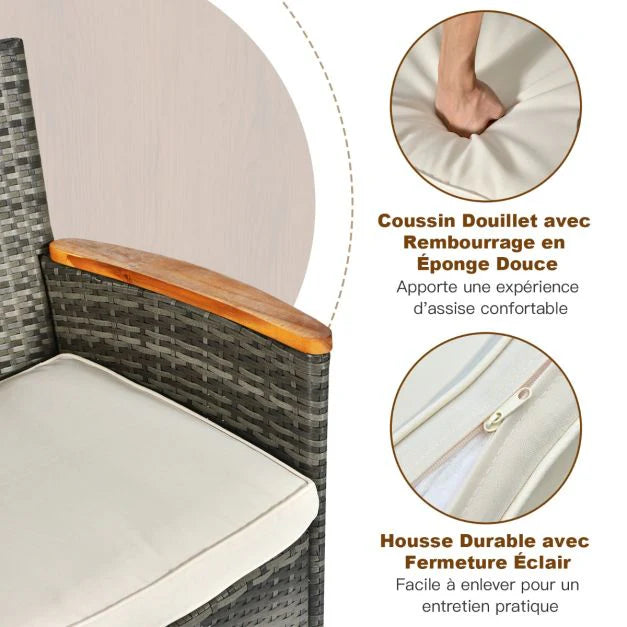 Salon de jardin avec 1 table et 8 chaises en bois et rotin anti-uv pieds réglables et coussins imperméables inclus 20_0009211 -