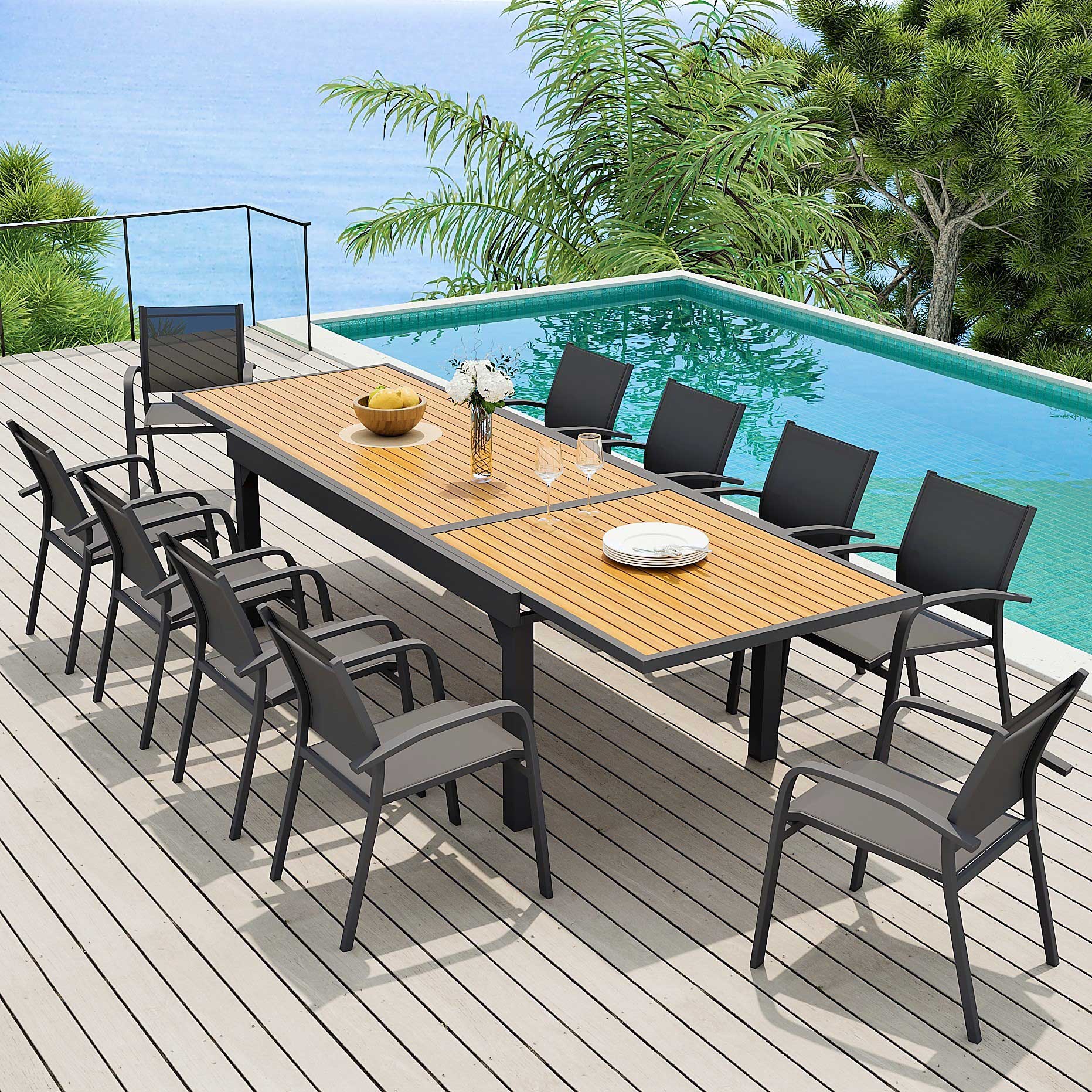Table de jardin extensible en aluminium 12 places effet bois (200/320 x 100 cm) Murano Gris anthracite - Action-sport36 -