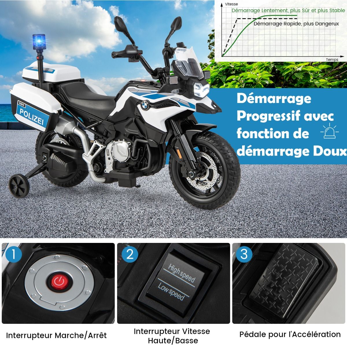 Moto lectrique 12V/7AH pour Enfants 6km/h Modle Policier avec Klaxon Musique Sirne Phares pour 3-8 Ans -