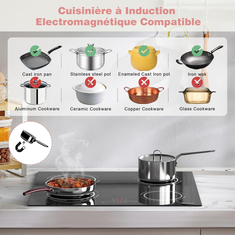 Plaque Induction 4 Feux Encastrable 6400W, Plaque de Cuisson Induction Zone Flexible, Plaque Electrique 60cm, Fonction Pause, 9 Niveaux, Controle tactile, Minuterie, Serrure pour Enfants