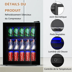 Réfrigérateur et Refroidisseur de Boissons 60 Canettes Mini Frigo avec Porte en Verre & Étagères Amovibles Ajustables (60 Canettes) Noir -