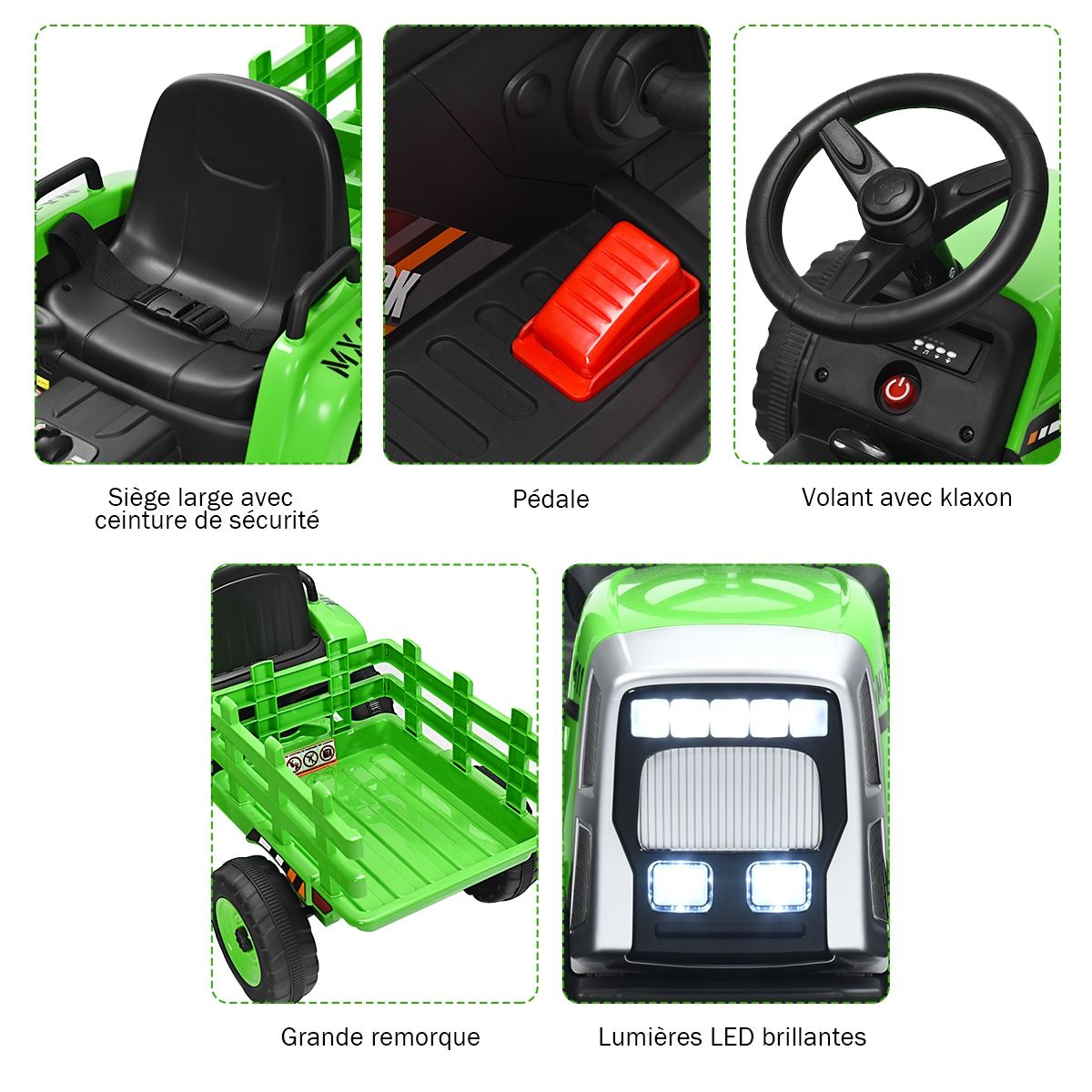 Tracteur Electrique avec Remorque pour Enfants 3 Vitesses Lumires LED Fonctions o USB et Bluetooth Jaune/Rose/Rouge/Vert/Vert Fonc/Noir -